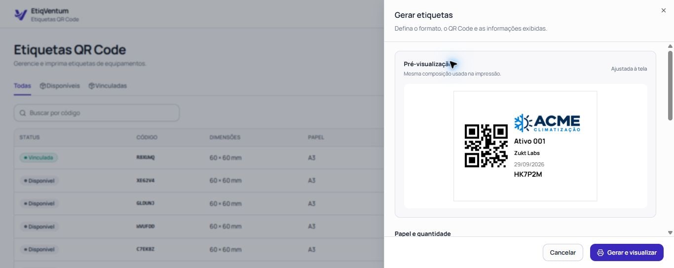 Interface real do EtiqVentum com pré-visualização e configuração de etiquetas QR Code