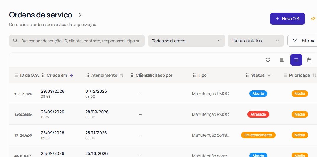 Lista real de ordens de serviço com clientes, datas e status