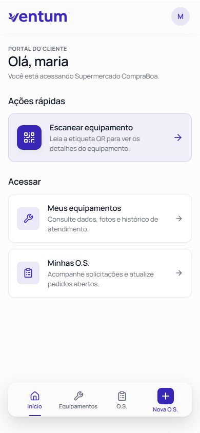 Portal real do cliente Ventum com consulta de equipamentos, ordens de serviço e leitura de QR Code