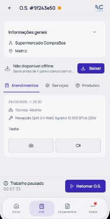 Aplicativo real do técnico com registro de atendimento